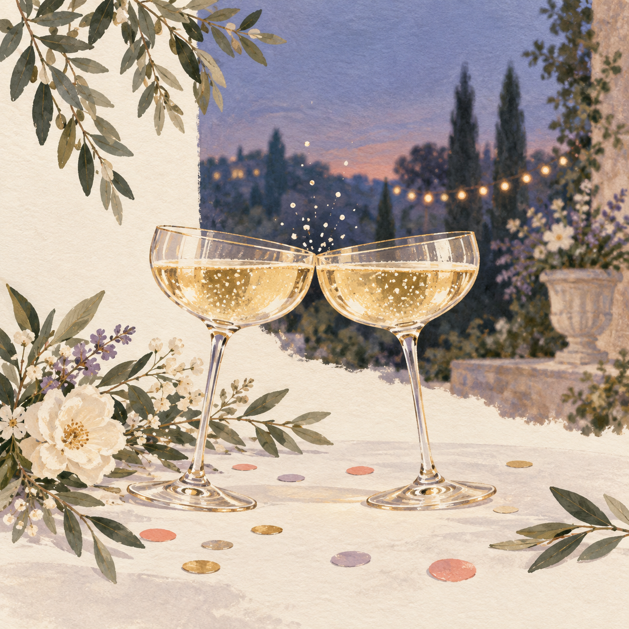 Ilustración de un brindis de celebración al atardecer