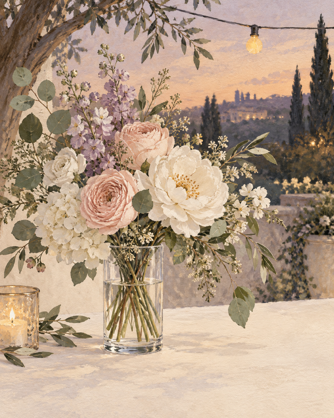 Ilustración de flores elegantes en un jardín al atardecer